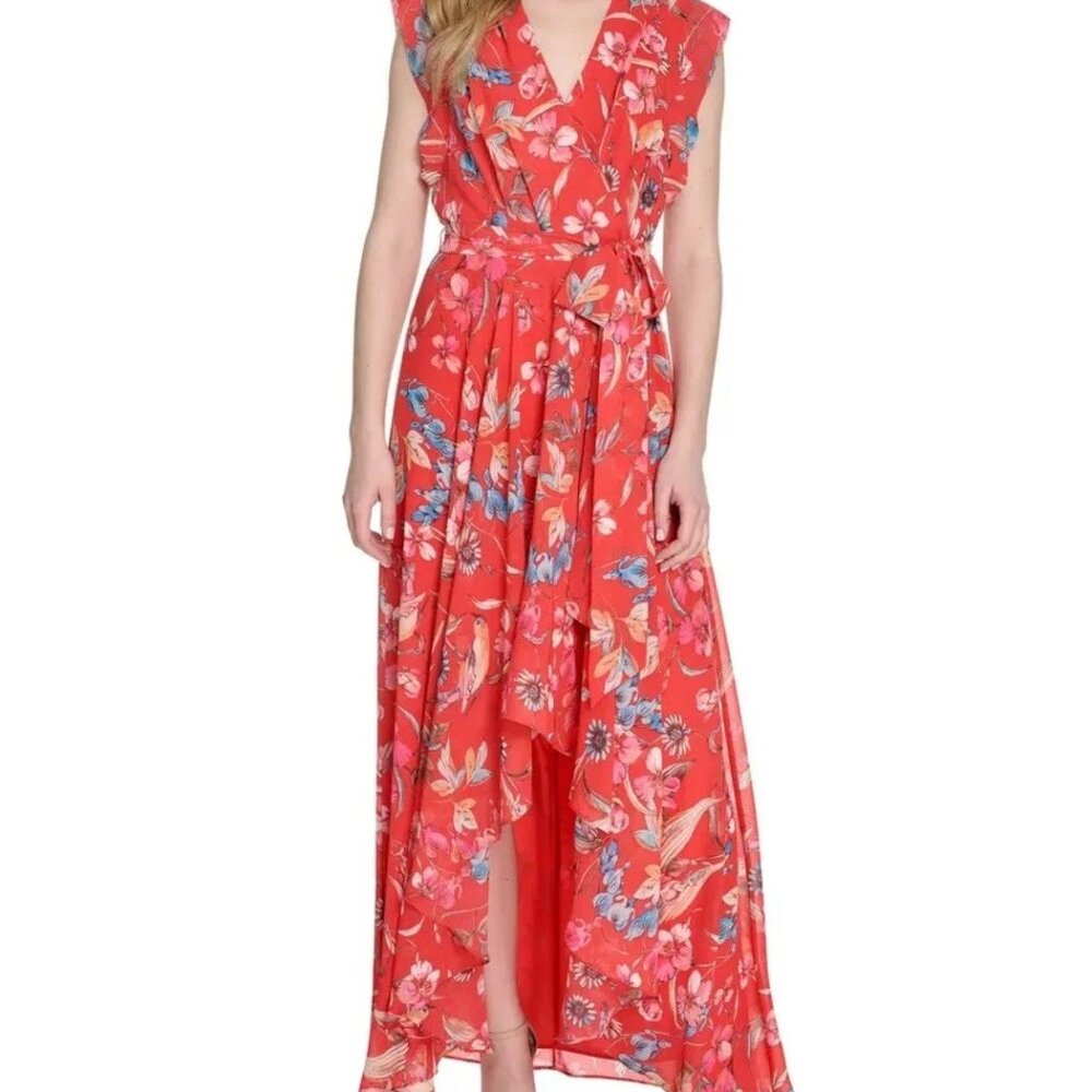NWT Eliza J Size 20W‎ Floral Surplice Neck Wrap Sleeveless High-Low Dress in Red